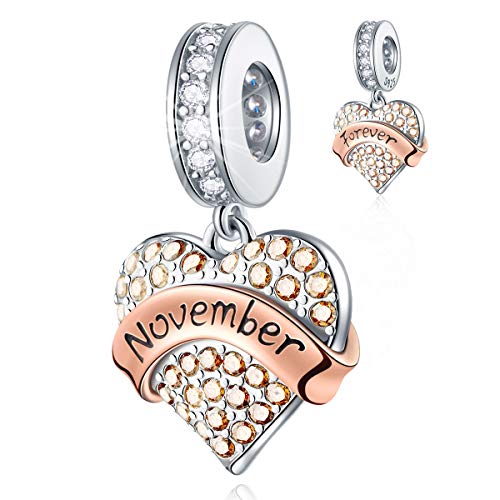 EMOSTAR Jan-Dec Birthstone Charms fits European Birthday Bracelet, Dangle 925 Sterling Silver Heart Shaped Pendant with 12 Months Birthstones, Gifts for Mom/Women - color: November Birthstone