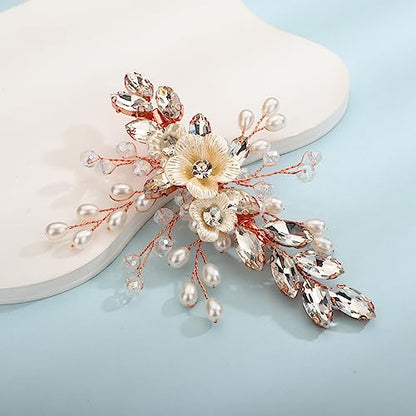 Xerling Rose Gold Rhinestones Crystal Flower Hair Barrettes Clip Boho Bridal Pearl Hair Jewelry Accessories for Women Wedding Floral Headpieces (Rose Gold) - color: Rose Gold