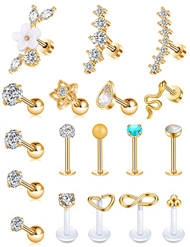 Tornito 9-30Pcs Cartilage CZ Stud Earrings Conch Forward Helix Tragus Daith Piercing Lip Rings Snake Heart Butterfly Jewelry for Women Men 16G Silver Gold Tone - color: B:Gold Tone
