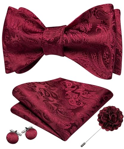 YOHOWA Bow Ties for Men Self-tied Silk Bowtie Solid Color with Lapel Pin and Handkerchief Cufflinks for Wedding Party Prom - color: A Both Burgundy