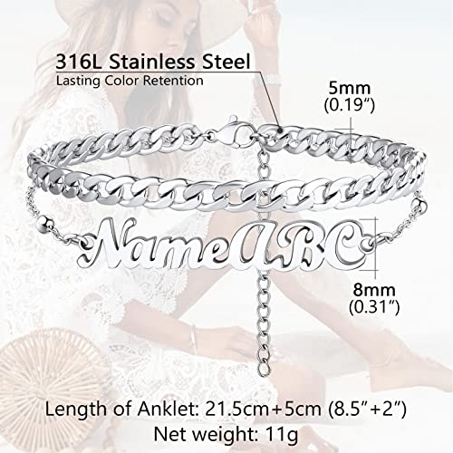 PROSTEEL Trendy Handcuffs Design/Customize Words Ankle Bracelet For Women, 316L Stainless Steel Anklets Silver/Gold/Black Tone, Hypoallergenic, Come with Box - style: 07 Customize-Cuban Link(8.5"-10.5")-Elegant Silver