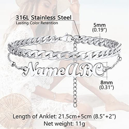 PROSTEEL Trendy Handcuffs Design/Customize Words Ankle Bracelet For Women, 316L Stainless Steel Anklets Silver/Gold/Black Tone, Hypoallergenic, Come with Box - style: 07 Customize-Cuban Link(8.5"-10.5")-Elegant Silver