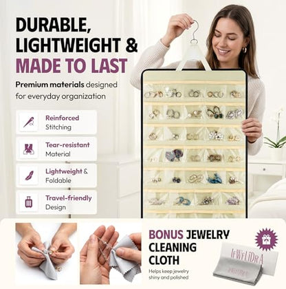 Hanging Jewelry Organizer 34.7 x 17.2 inches XL Size with Clear Pockets & Hooks – Double-Sided Necklace, Earrings & Rings Storage Holder – Space-Saving Closet Organizer for Women