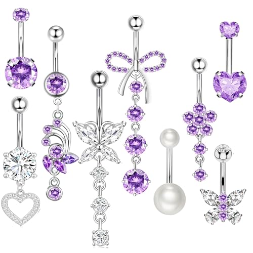 Suotarn 14G Belly Button ring Dangle Belly Rings Surgical Stainless Steel Cute Bow Butterfly Heart Flower Dangling Belly Button Piercing Jewelry For Women Silver Dainty Dangly Navel Ring - color: purple