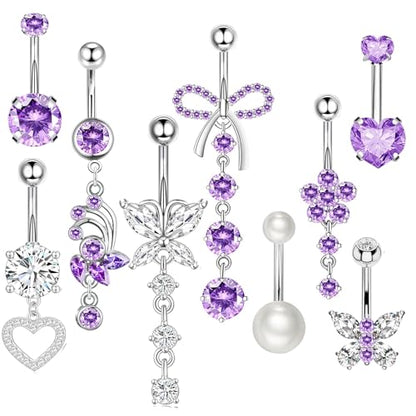 Suotarn 14G Belly Button ring Dangle Belly Rings Surgical Stainless Steel Cute Bow Butterfly Heart Flower Dangling Belly Button Piercing Jewelry For Women Silver Dainty Dangly Navel Ring - color: purple