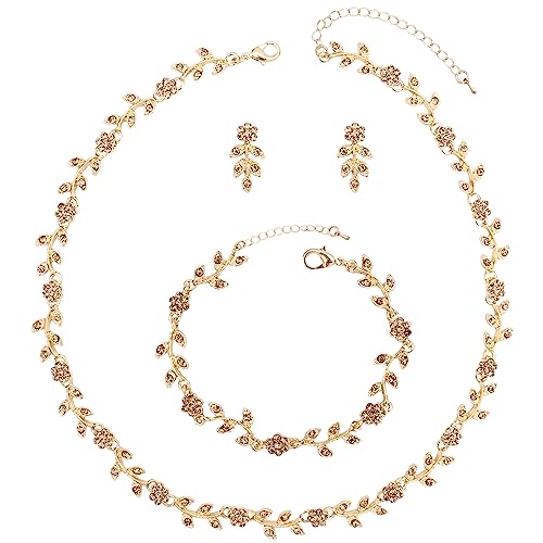 Austrian Crystal Rhinestone Choker Necklace Dangle Earring Link Bracelet Jewelry Set for Brides Bridesmaid Prom Costume Accessories for Women - color: En001-Champagne-Gold Plated