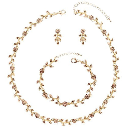 Austrian Crystal Rhinestone Choker Necklace Dangle Earring Link Bracelet Jewelry Set for Brides Bridesmaid Prom Costume Accessories for Women - color: En001-Champagne-Gold Plated
