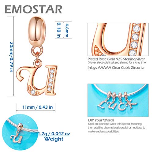 EMOSTAR Letter Charms Initial A-Z Alphabet Beads, Rose Gold 925 Sterling Silver Dangle CZ Birthstone Pendant, Gifts for European Charm Bracelet/Mothers Day/Birthday - color: Letter U