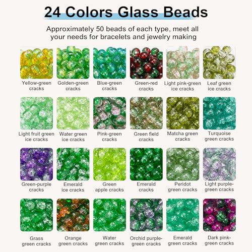 XSEINO About 1200pcs 6mm Crack Glass Beads Bracelet Making Kit,24 Style Crack Mystic Green Series Colorful Crystal Beads for Jewelry Bracelet Making,DIY Crafts,Friendship Bracelets - color: Mystic Green