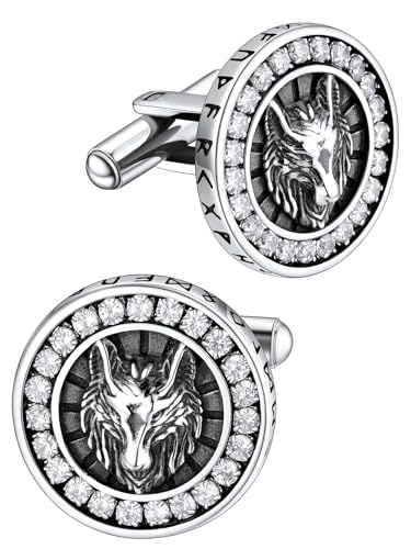 FaithHeart Mens Cufflinks, Norse Viking Tuxedo Shirt Cuff Links, Stainless Steel Cuff Links and Shirt Studs, Gift Box - style: 06. Wolf CZ-Silver