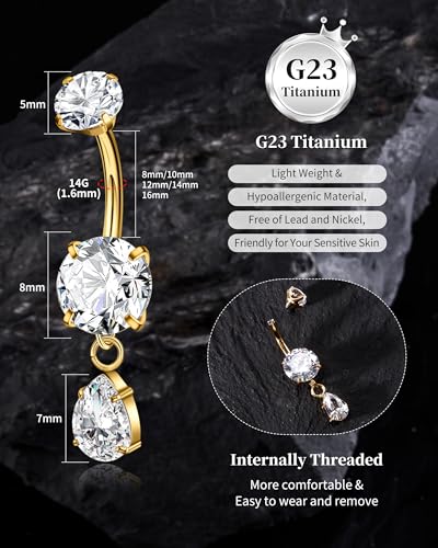 G23 Titanium Dangle 14G Belly Button Rings Sparkling CZ Navel Rings Belly Piercing Jewelry Teardrop Dangling Belly Rings Gold/Silver - color: Gold, size: 12MM