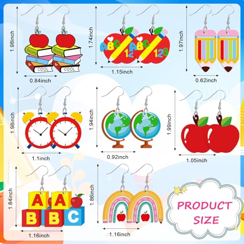 8 Pairs Back to School Acrylic Earrings for Women Dangle Jewelry | Rainbow Pencil Book Earrings, Teacher Appreciation Graduation Gift, School Theme Jewelry, Lightweight Acrylic, Double Side - style: School