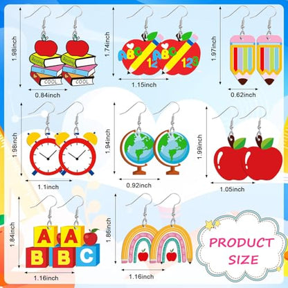 8 Pairs Back to School Acrylic Earrings for Women Dangle Jewelry | Rainbow Pencil Book Earrings, Teacher Appreciation Graduation Gift, School Theme Jewelry, Lightweight Acrylic, Double Side - style: School
