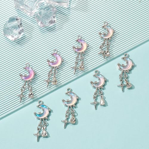 Moon Charms for Jewelry Making Alloy StarCharms Glass Golden Silver Metal Pendants for DIY Earring Bracelet - color: Silver