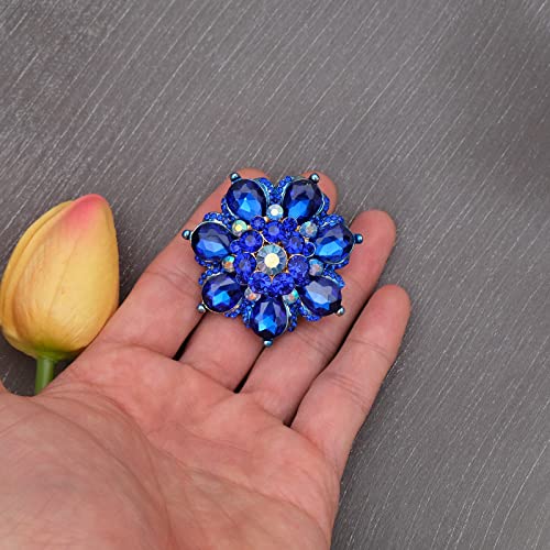 Flower Shape Crystal Cocktail Stretch Ring Party Prom Floral Statement Elastic Ring for Women - color: royal blue-gold tone