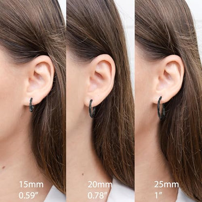 Hoops & Loops 925 Sterling Silver Twisted Hoop Earrings for Women - Hypoallergenic 14K Gold, Rose Gold, Black Flash Plated 2mm Thin Twist Design Round Click-Top Hoops, 15/20/25/30/35/40/50/60mm - color: 15,20,25mm - Black