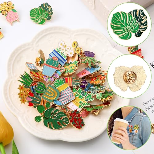 30/60 Pcs Cute Enamel Pins Bulk Plant Flower Animal Halloween Gothic Fall Pumpkin Cartoon Lapel Pin Brooches Jewelry Gift for Backpack Clothes Hats Accessories - style: Plant