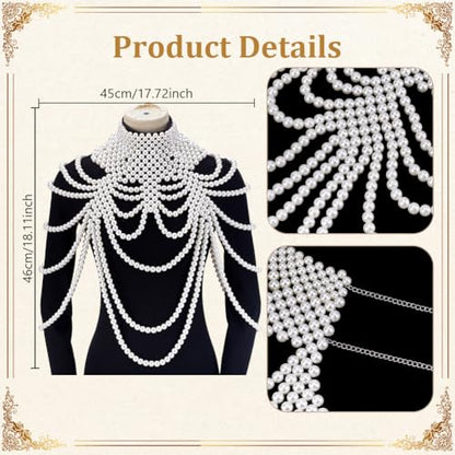 AHANDMAKER 1PC Pearl Body Chain Adjustable Shoulder Necklace White Bra Jewelry Plastic Beaded Chain for Women Party Wedding Backless Dress Costume Decoration 13.86-16.02 Inch