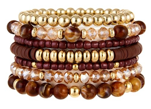 LOTSOF Boho Multilayer Beaded Bracelets Set for Women - Vintage Gold & Brown Stackable Stretch Bracelets, Bohemian Handmade Jewelry for Daily Style & Gifting - color: Brown