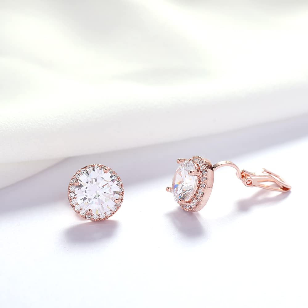 YOQUCOL 10MM Cubic Zirconia Crystal Clip On Stud Earrings Round Non Pierced Earrings for Women - color: Rose gold-White