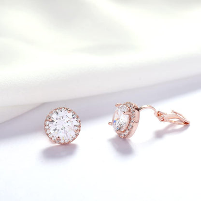 YOQUCOL 10MM Cubic Zirconia Crystal Clip On Stud Earrings Round Non Pierced Earrings for Women - color: Rose gold-White