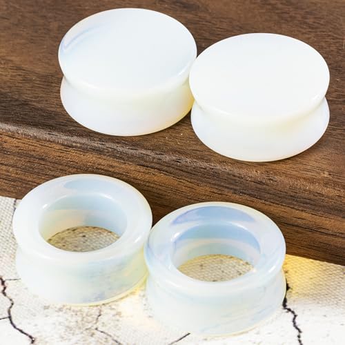Opal Ear Gauges Set 4 Pcs Solid & Hollow Synthetic Stone Plugs | Icy blue opal stone, hypoallergenic for sensitive ears, double flare, sizes 00G to 1 inch, gift-ready black box with logo - size: Gauge=5/8"(16mm)
