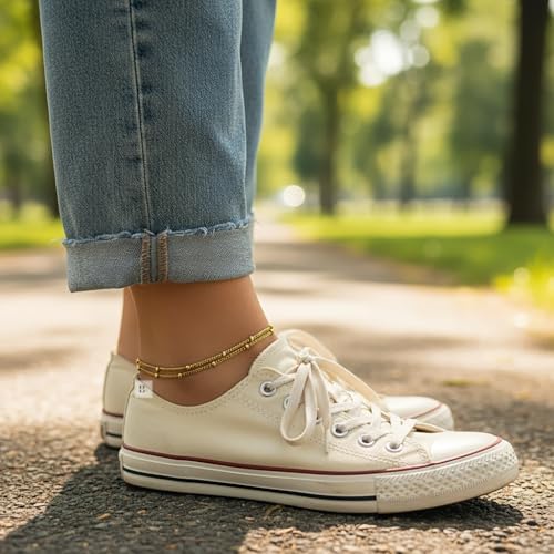 Stainless Steel Chain Ankle Bracelet for Women Adjustable Waterproof Anklet - color: Gold / Double Layer Bead Station Link