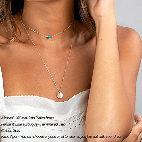 Turandoss Dainty Layered Choker Necklace, Handmade Y Pendant Necklace Multilayer Bar Disc Necklace Adjustable Layering Choker Necklaces for Women - style: 2PCS - Blue Turquoise&Hammered Disc