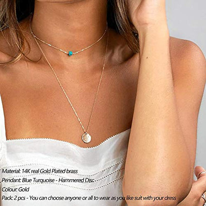 Turandoss Dainty Layered Choker Necklace, Handmade Y Pendant Necklace Multilayer Bar Disc Necklace Adjustable Layering Choker Necklaces for Women - style: 2PCS - Blue Turquoise&Hammered Disc