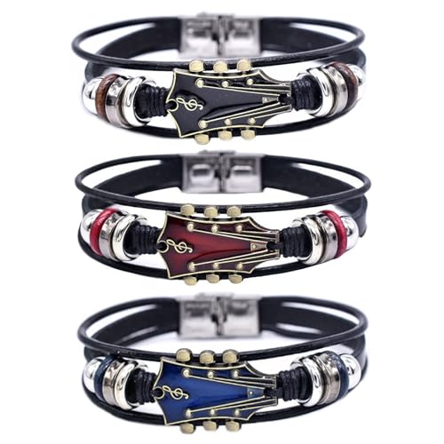 Angyape Retro Faux Leather Guitar Bracelet, Zinc Alloy Rock Music Guitar Leather Bracelet Punk Handmade Braided Multi-Layer Wrap Guitar Shape Decorative Cuff Bracelet Musical Enthusiast Gift - color: Black&Red&Blue