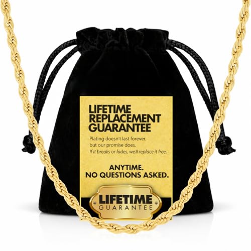 LIFETIME JEWELRY Gold Rope Chain for Men & Women - 24k Gold Necklace - Lifetime Replacement - Diamond Cut Real Gold Plated Chain - Heavy Duty Clasp - 3mm - color: Gold, size: 14 inches