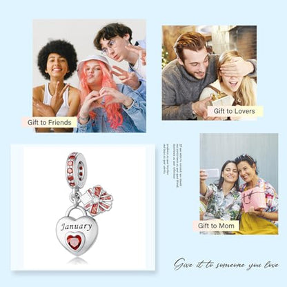 Love Heart Birthstone Dangle Charms Compatible with Pandora Bracelets | 925 Sterling Silver 5A Cubic Zirconia Mother's Day Christmas Birthday Birthstone Gifts Bead Charm Pendants Women Jewelry - color: January Dangle Birthstone Charms