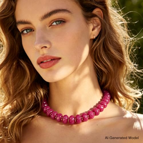 Colorful Chunky Acrylic Beaded Choker Necklaces for Women | Multicolor Faceted Beads, Sturdy Metal Chain, Adjustable Detachable, Lightweight, Summer Boho, Sparkly Statement Jewelry Gift - color: Rose Red