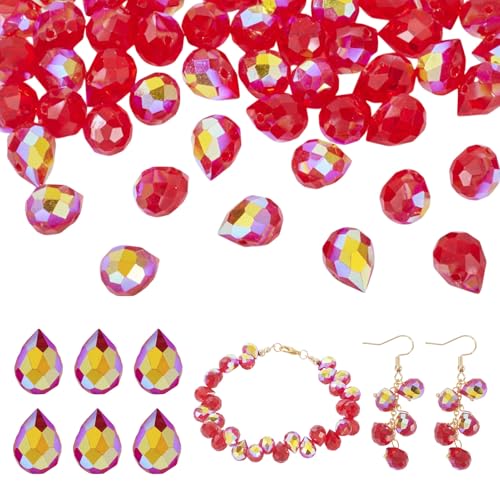 50Pcs Red Faceted Glass Teardrop Beads Electroplate Top Drilled Drop Loose Spacer Beads Transparent Crystal Water Drop Bead Teardrop Chandelier Charms for DIY Earring Bracelet Jewelry Making - color: Red
