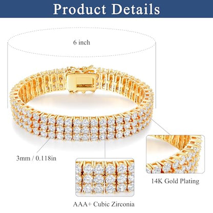 2 Rows Tennis Bracelets for Women Men - 18K Yellow Gold Plated 3mm Round Cut Cubic Zirconia Classic Tennis Bracelet, Size 6.5-8.5 Inch - color: Gold - 3 Rows, size: 7.5 inch