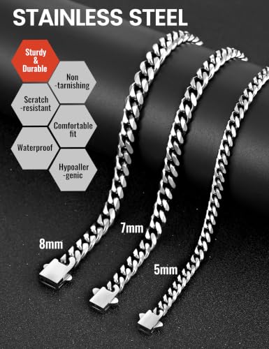 Fiusem Cuban link Bracelets for Men | 5mm/7mm/8mm Width, 7.1"/7.5"/7.9" Length Silver Tone Stainless Steel Bracelets for Men