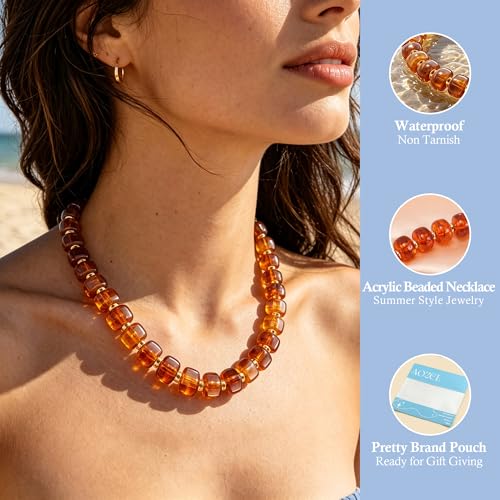 AOZEL Chunky Resin Beaded Necklace for Women Colorful Bead | Summer Beach, Waterproof, Fade Resistant, Adjustable Length, Boho Statement, for Daily Wear & Gifting - color: Amber