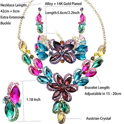 Jewelry Set for Women Rhinestone Austrian Crystal Statement Flower Necklace Link Bangle Bracelet Dangle Earrings Rings Allergy Free Wedding Party Jewelry Set for Bridal Bridesmaid - color: Multicolor-Gold Plated