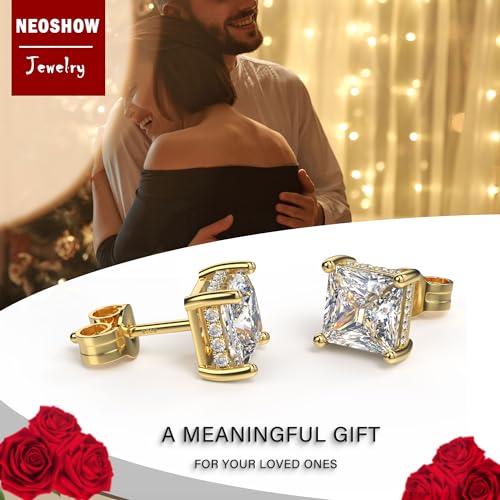 Princess Cut Cubic Zirconia Stud Earrings for Men Women | Square CZ Simulated Diamond Studs, 18K White Gold Plated Sterling Silver, Hypoallergenic - color: Gold, size: 6MM