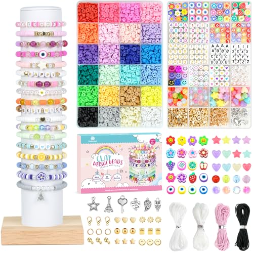 Dowsabel Clay Beads 7500 Pcs Friendship Bracelet Making Kit,2 Boxes 24 Colors Polymer Heishi Beads with Letter Beads for Jewelry Making, DIY Arts and Crafts Gifts Toys for Girls Age 4+ - style: Cute Charm