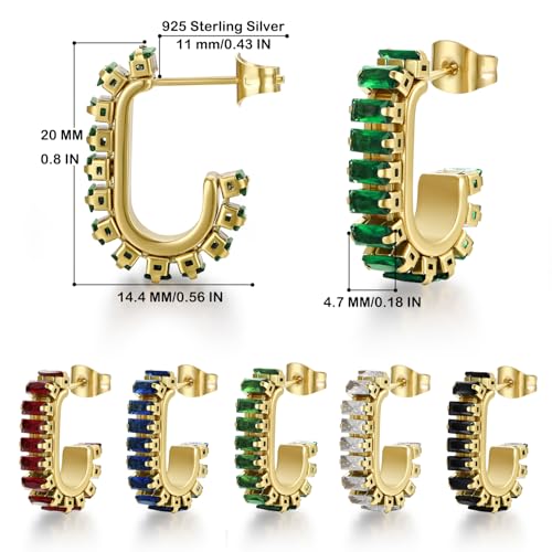 Green Crystal huggie gold hoop earrings for women Girls,14K Gold Plated with 925 Sterling Silver Post color Cubic Zirconia dainty cute Earrings| CZ Stud Earring - color: Green stone