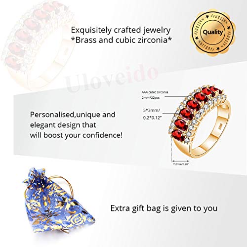 Uloveido Beautiful Women's 7 Stones Wedding Band Oval Cubic Zirconia Engagement Anniversary Rings J501 - color: Gold-Red