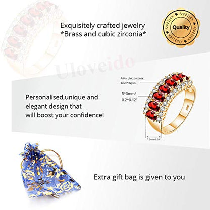 Uloveido Beautiful Women's 7 Stones Wedding Band Oval Cubic Zirconia Engagement Anniversary Rings J501 - color: Gold-Red