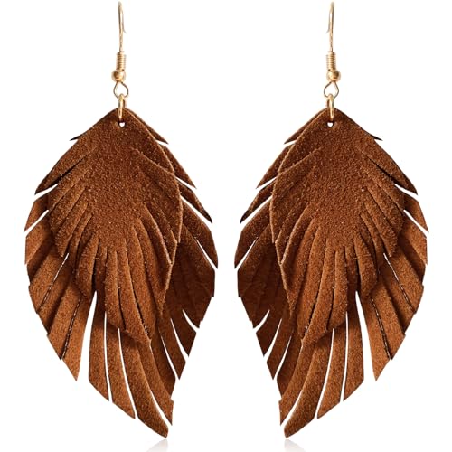 Handmade Bohemian Large Soft Genuine Leather Fringe Double Feather Dangle Drop Earrings Lightweight Simple Color PU Leaf Hook Earrings for Women - color: Brown