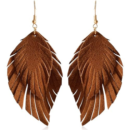 Handmade Bohemian Large Soft Genuine Leather Fringe Double Feather Dangle Drop Earrings Lightweight Simple Color PU Leaf Hook Earrings for Women - color: Brown