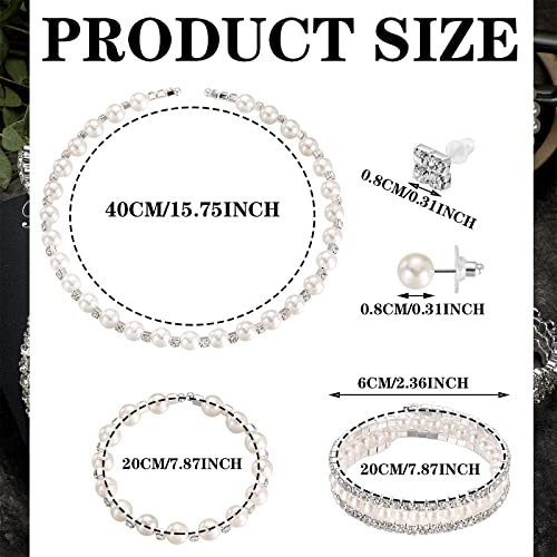Glenmal Pearl Rhinestone Jewelry Set for Women Pearl Necklace Bracelet Earrings for Wedding Halloween Bridal Shower Tea Party - style: Charming Style