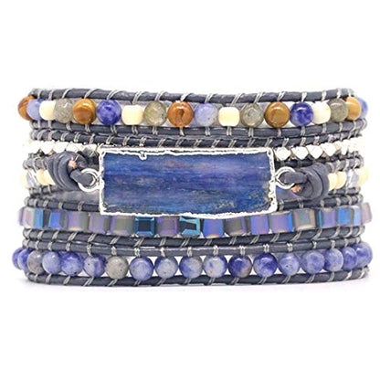 YGLINE Boho Handmade Wrap Leather Tube Crystal Stone Bracelet for Women - color: Topaz-5w