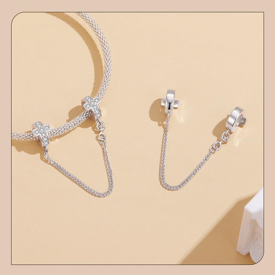 Heart Charm Clip Lock Spacer Stopper Charm Bead Bracelet 925 Sterling Silver Charms Safety Chain for Pandora Bracelets - color: Round Silver Safety Chain BSC1279