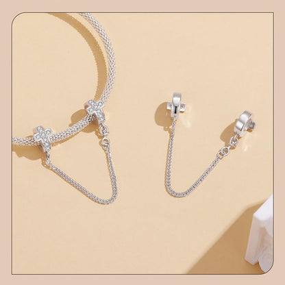 Heart Charm Clip Lock Spacer Stopper Charm Bead Bracelet 925 Sterling Silver Charms Safety Chain for Pandora Bracelets - color: Round Silver Safety Chain BSC1279