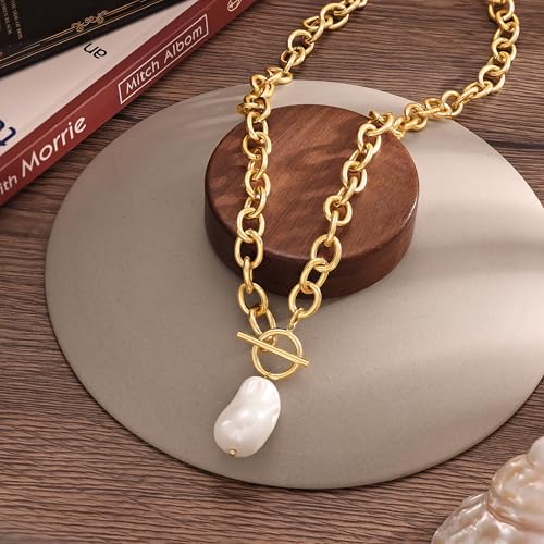 CHESKY 14K Gold Plated Chunky Necklace for Women, Trendy Toggle Clasp | Statement Pendant Necklace, Layered Paperclip Chain, Toggle Clasp Design, Thick Gold Chain, Non Tarnish Everyday Jewelry - color: gold, style: pearl pendant